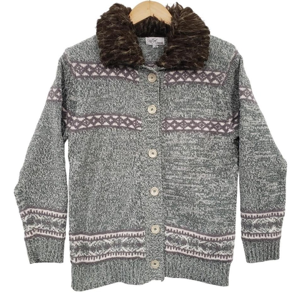 Knit Set Collection Womens Large Grey Fair Isle Faux Fur Collar Cardigan Cottage